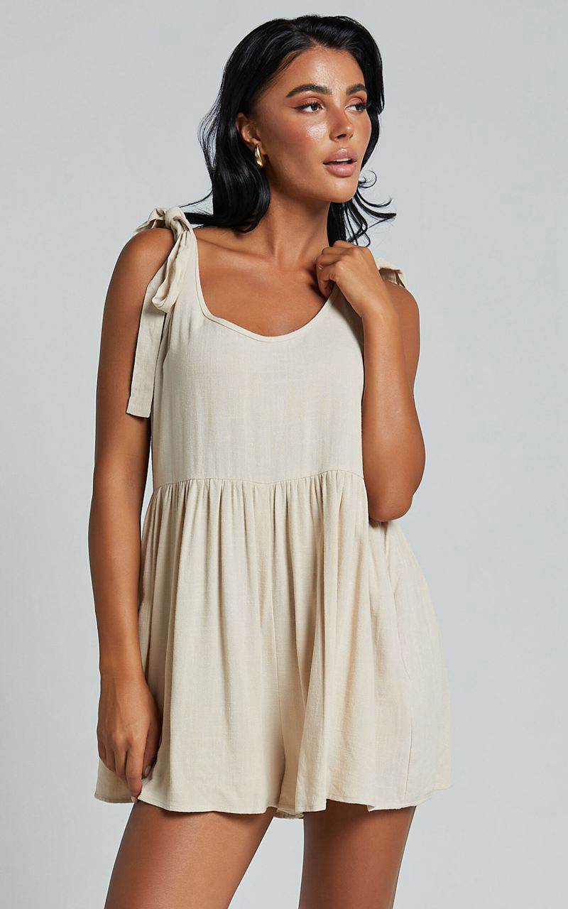 Showpo Marcie Playsuit - Linen Look Scoop Neck Tie Detail Relaxed Playsuit Biscuit | AWBLXM912