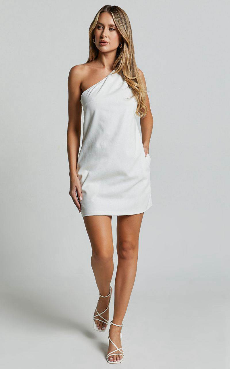 Showpo Mardelle Mini Dress - Linen Look One Shoulder Shift Dress White | RTCJYX847