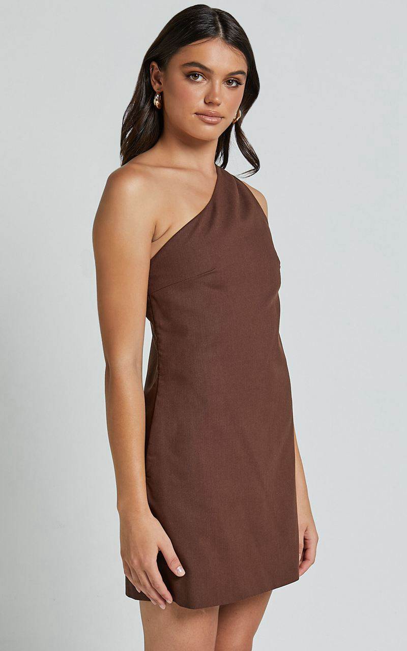 Showpo Mardelle Mini Dress - Linen Look One Shoulder Shift Dress Chocolate | SOIYDF108