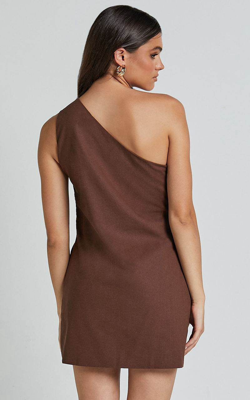 Showpo Mardelle Mini Dress - Linen Look One Shoulder Shift Dress Chocolate | SOIYDF108