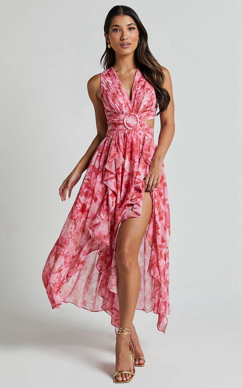 Showpo Marga Maxi Dress - Plunge Ruffle Detail Cut Out Dress Petal Paradise | YNZICH570