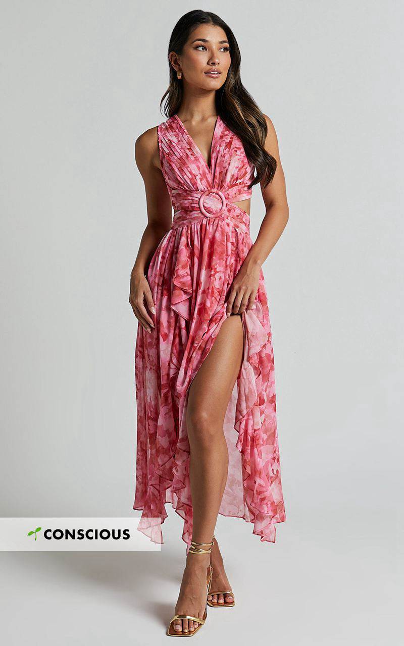 Showpo Marga Maxi Dress - Plunge Ruffle Detail Cut Out Dress Petal Paradise | YNZICH570