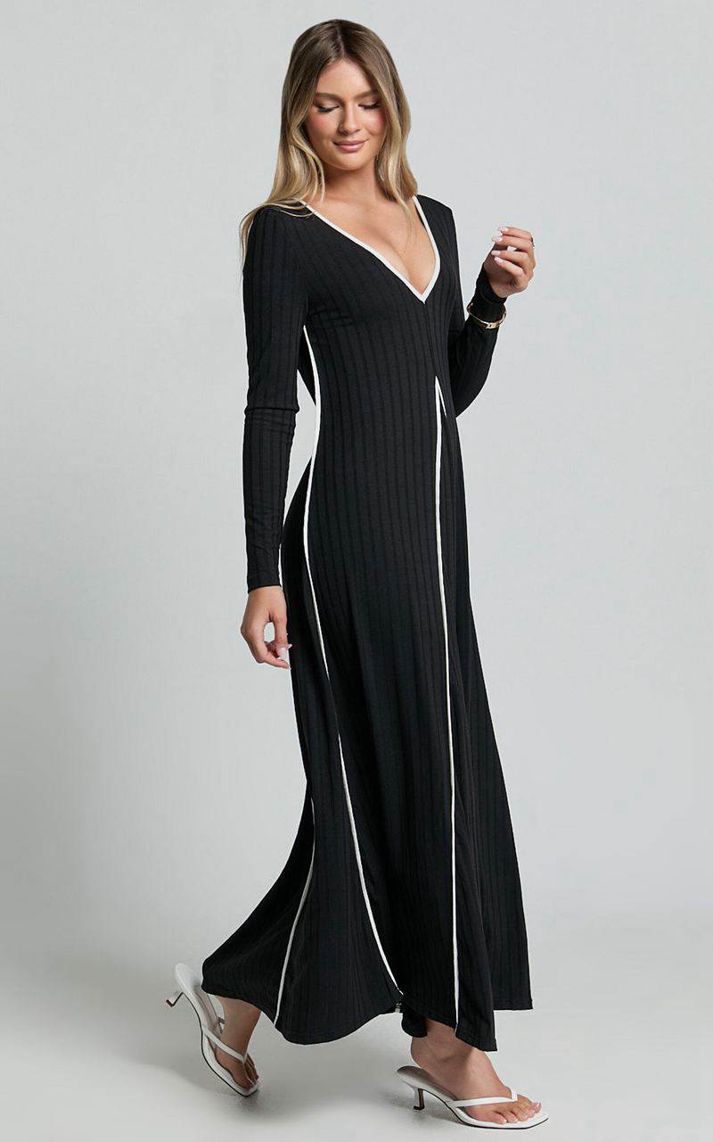 Showpo Margie Midi Dress - Long Sleeve Contrast Bind Ribbed Dress Black | FOIZXC026