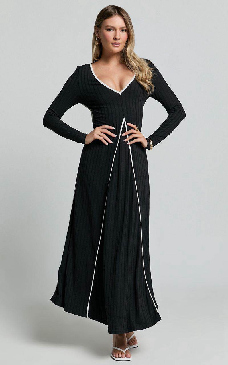 Showpo Margie Midi Dress - Long Sleeve Contrast Bind Ribbed Dress Black | FOIZXC026