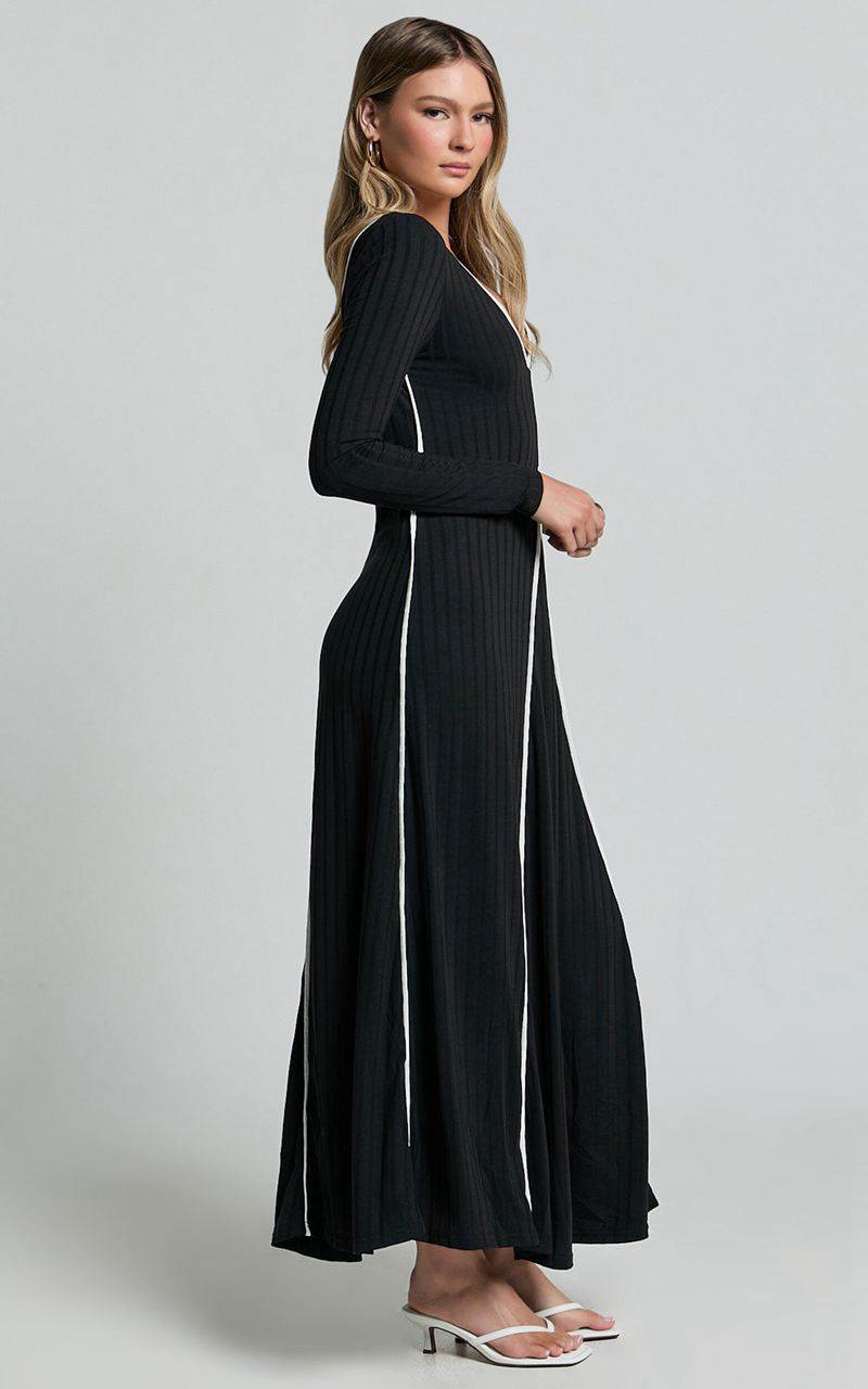 Showpo Margie Midi Dress - Long Sleeve Contrast Bind Ribbed Dress Black | FOIZXC026