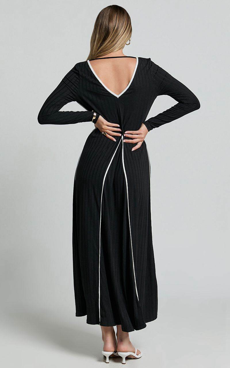 Showpo Margie Midi Dress - Long Sleeve Contrast Bind Ribbed Dress Black | FOIZXC026