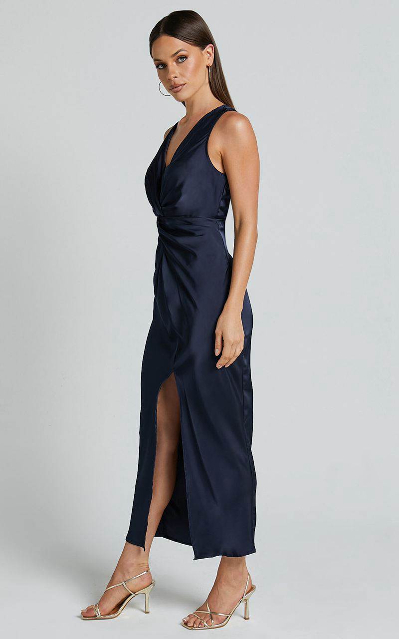 Showpo Mariah Maxi Dress - Twist Detail Wrap Hem Satin Dress Midnight Blue | BAOXHL264