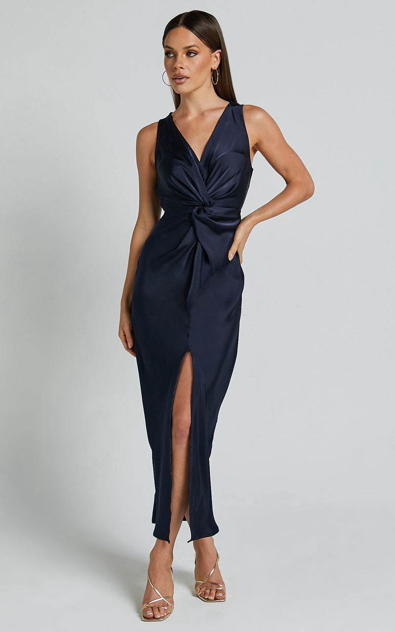 Showpo Mariah Maxi Dress - Twist Detail Wrap Hem Satin Dress Midnight Blue | BAOXHL264