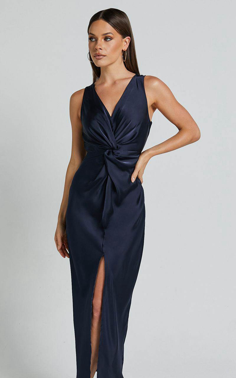 Showpo Mariah Maxi Dress - Twist Detail Wrap Hem Satin Dress Midnight Blue | BAOXHL264