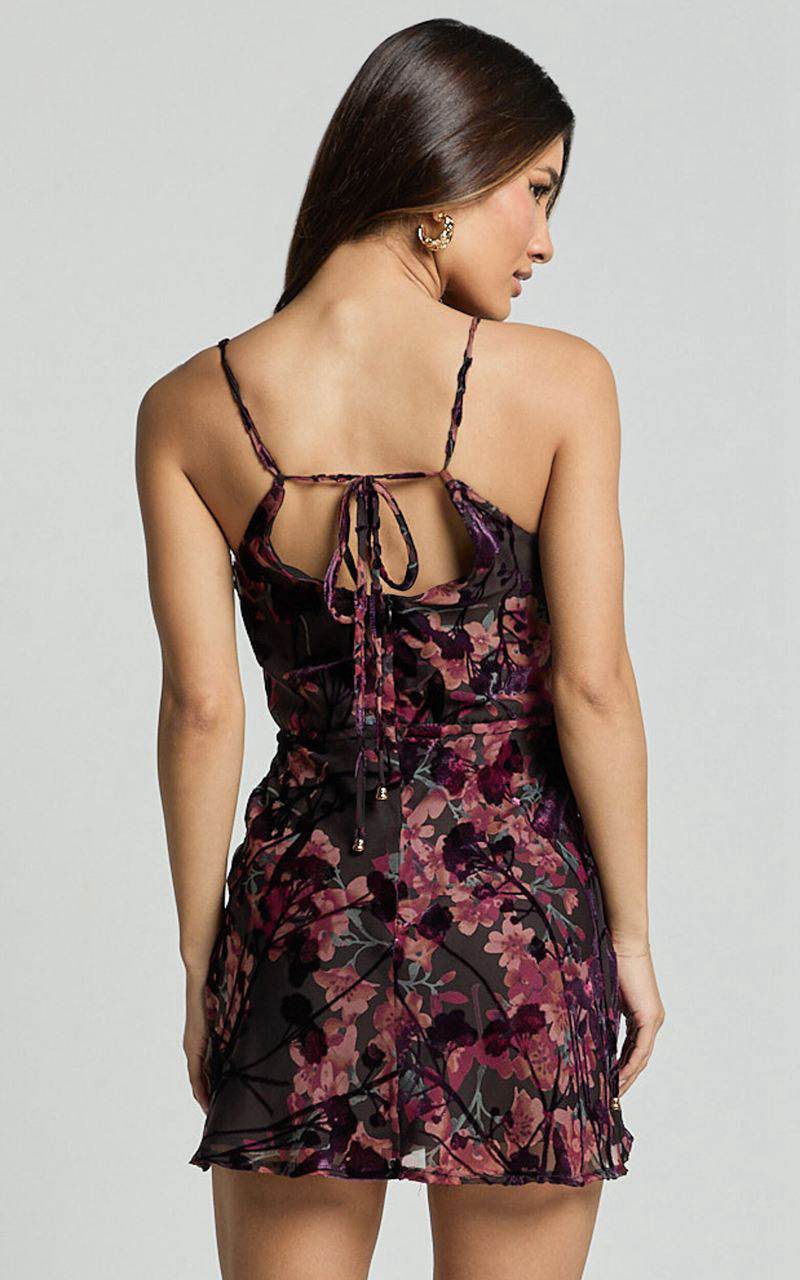 Showpo Mariana Mini Dress - Cowl Neck Drawstring Waist Slip Dress Burn Out Floral | GWXYCH615