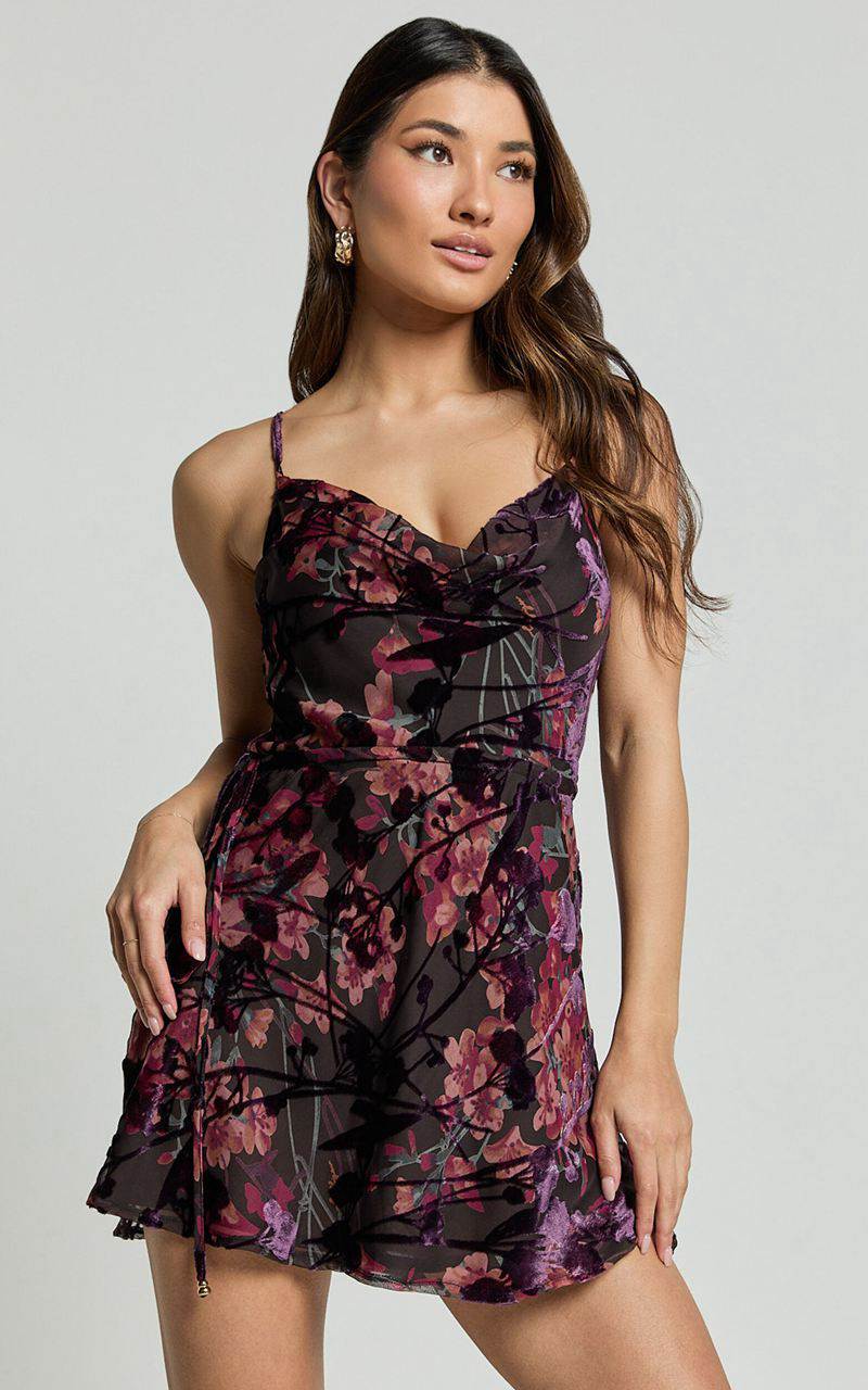 Showpo Mariana Mini Dress - Cowl Neck Drawstring Waist Slip Dress Burn Out Floral | GWXYCH615