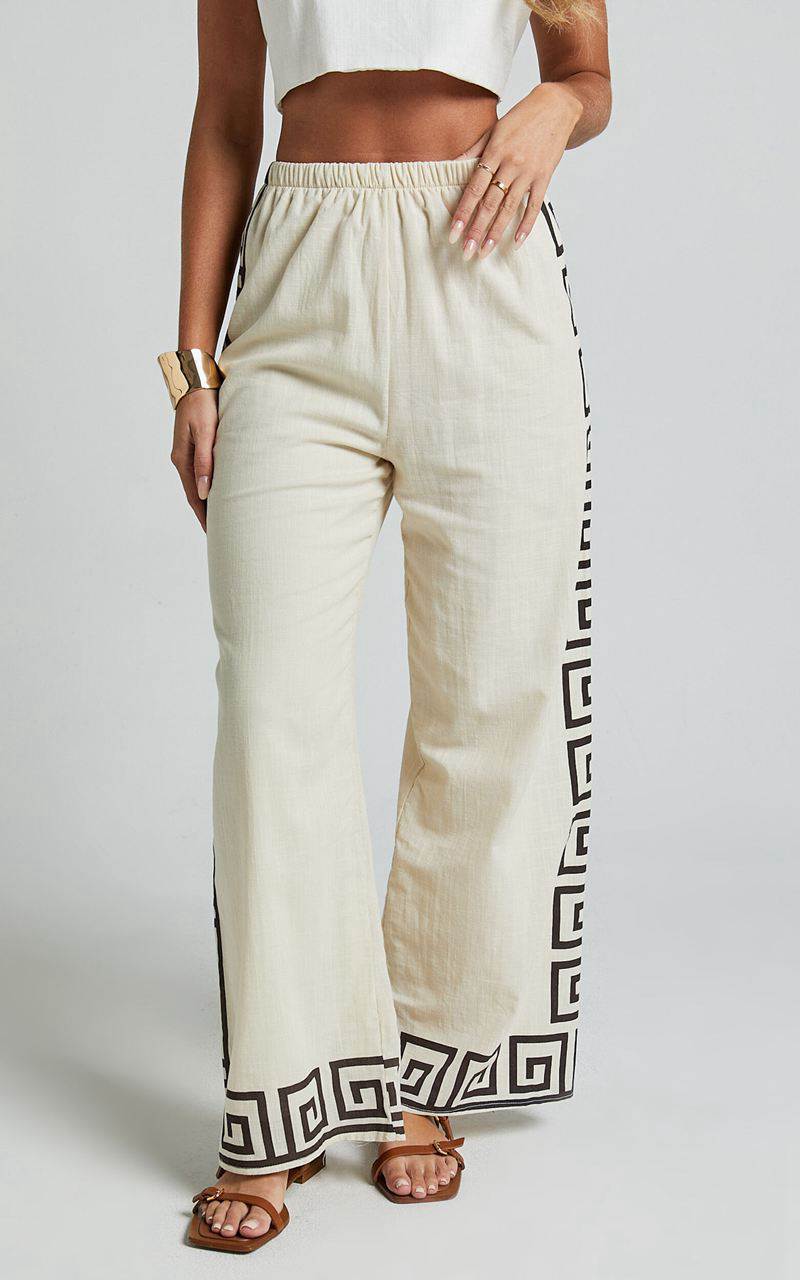 Showpo Marie Pants - Elasticated Linen Look Pants Beige Geo | BASNYH910