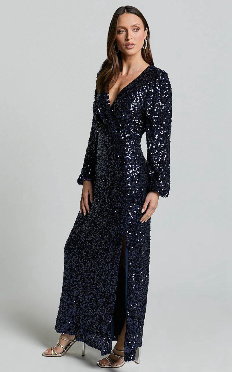 Showpo Mariella Midi Dress - Sequin Long Sleeve Thigh Split Dress Navy | LKUVSW847