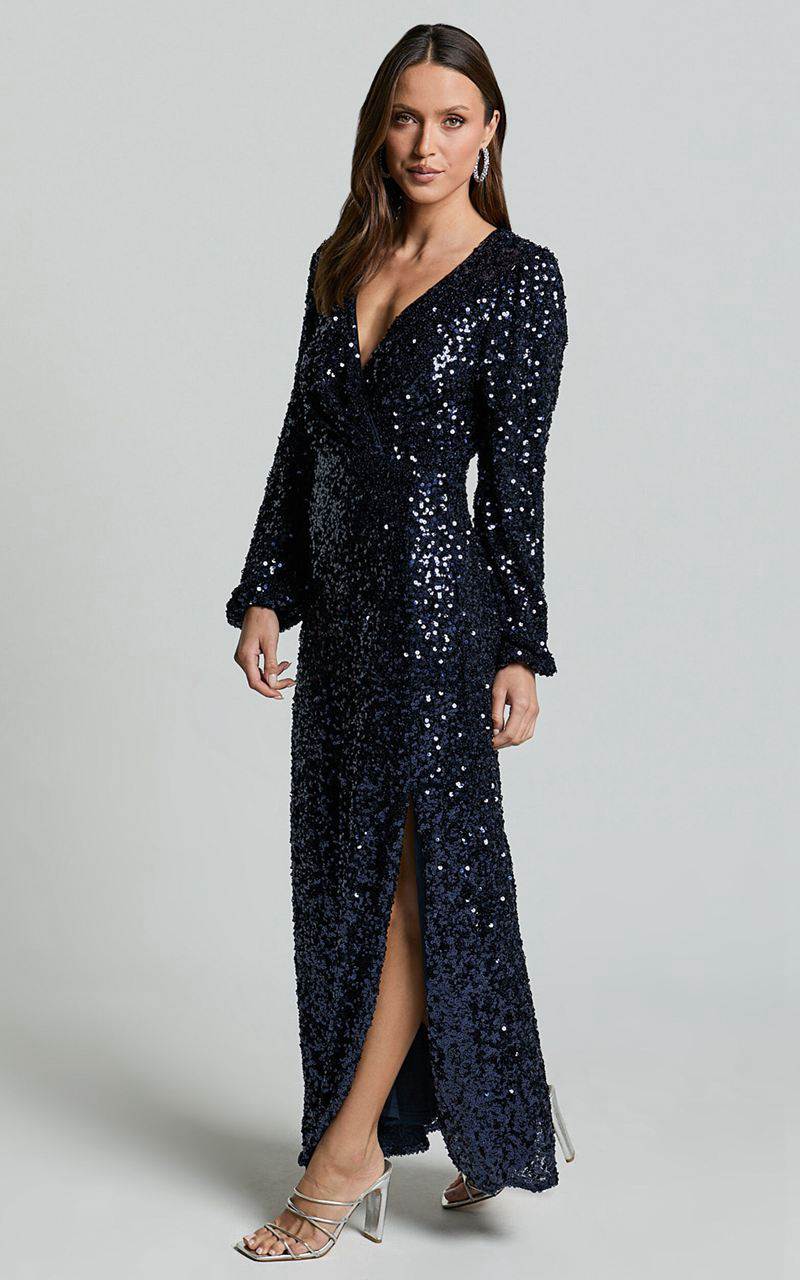 Showpo Mariella Midi Dress - Sequin Long Sleeve Thigh Split Dress Navy | LKUVSW847