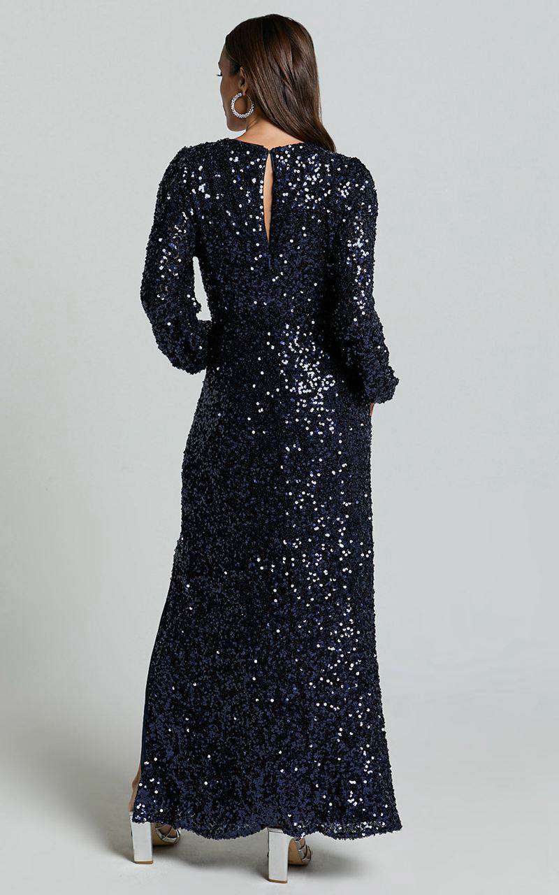 Showpo Mariella Midi Dress - Sequin Long Sleeve Thigh Split Dress Navy | LKUVSW847