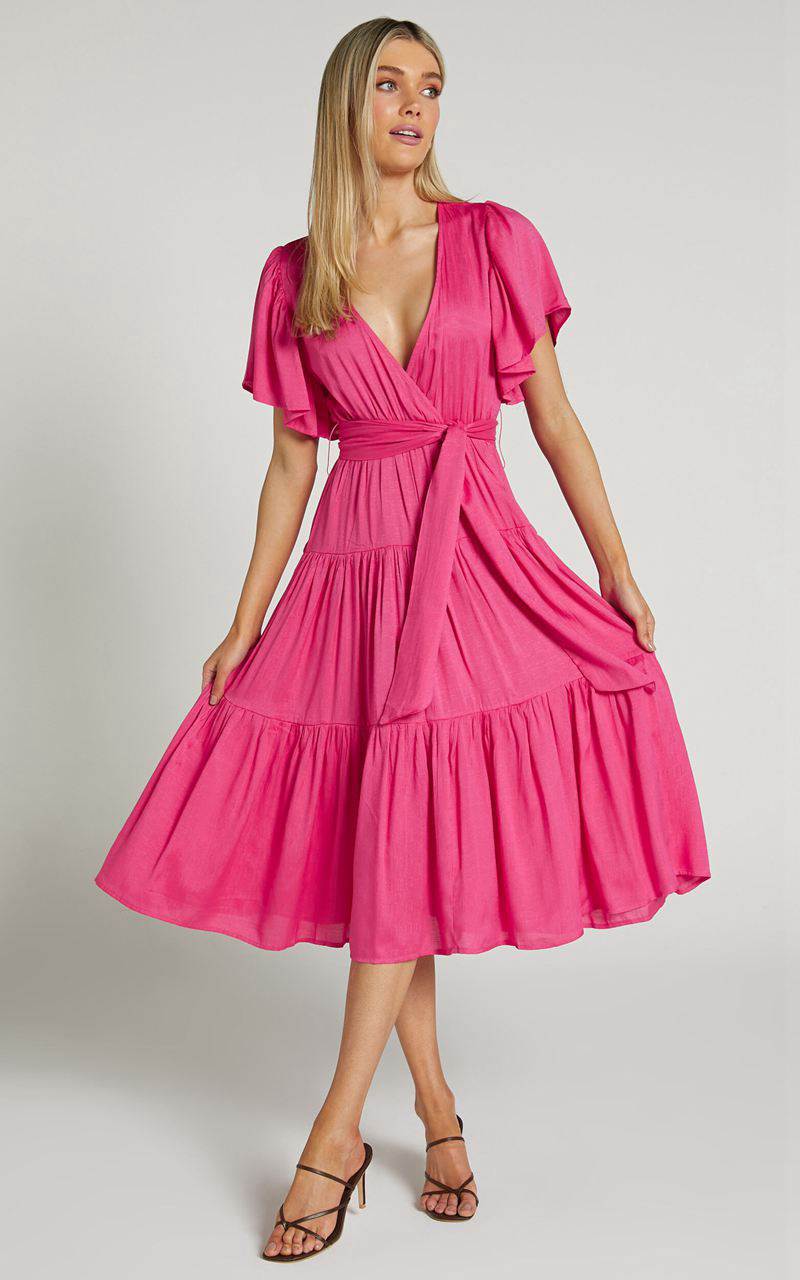 Showpo Marielle Midi Dress - Wrap Bodice Tiered Belted Dress Pink | DTARCM196