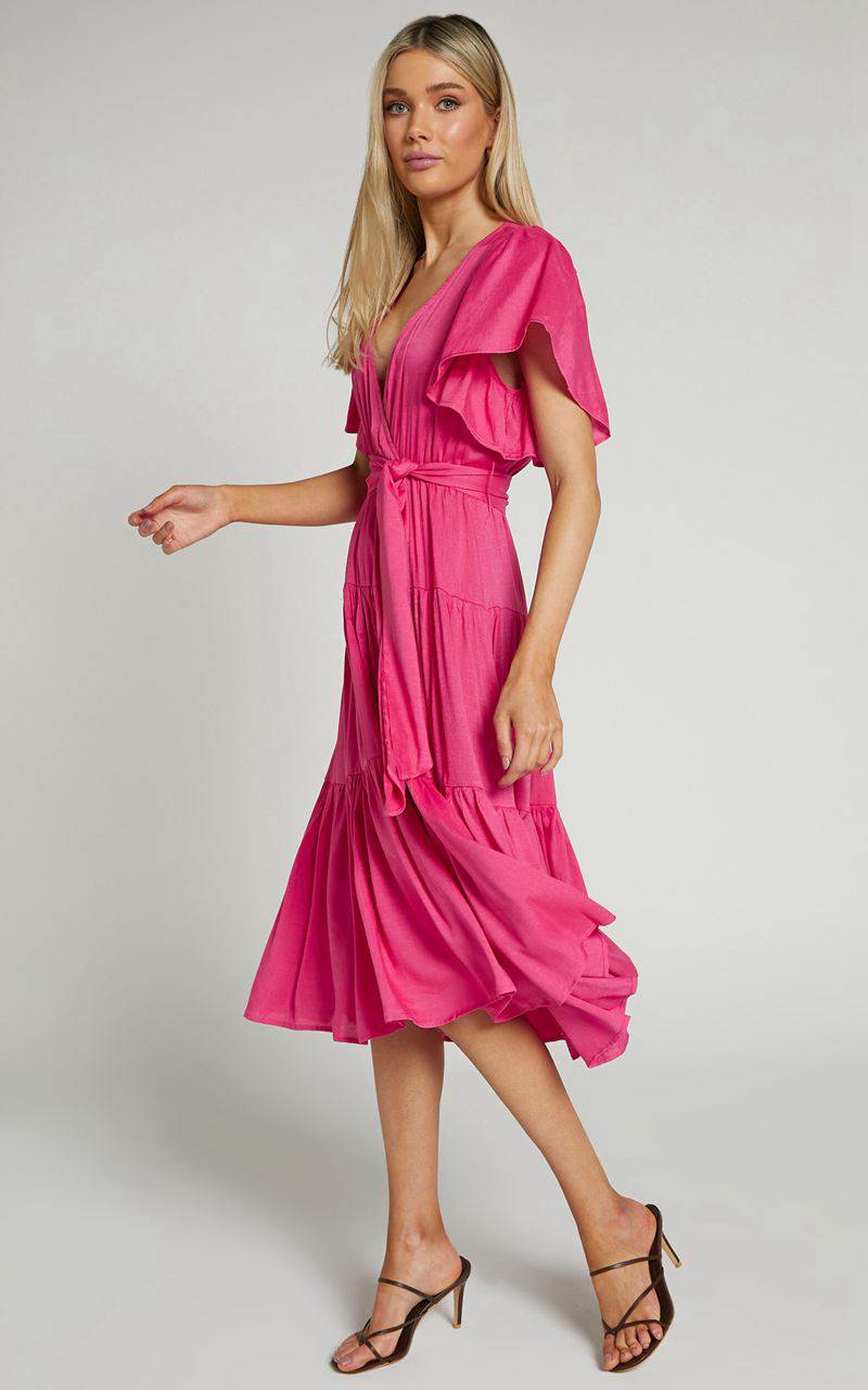 Showpo Marielle Midi Dress - Wrap Bodice Tiered Belted Dress Pink | DTARCM196