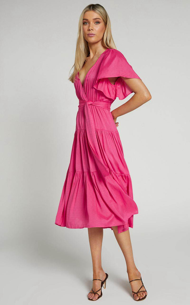 Showpo Marielle Midi Dress - Wrap Bodice Tiered Belted Dress Pink | DTARCM196