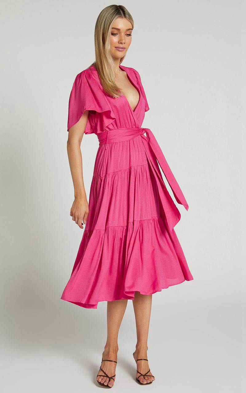 Showpo Marielle Midi Dress - Wrap Bodice Tiered Belted Dress Pink | DTARCM196