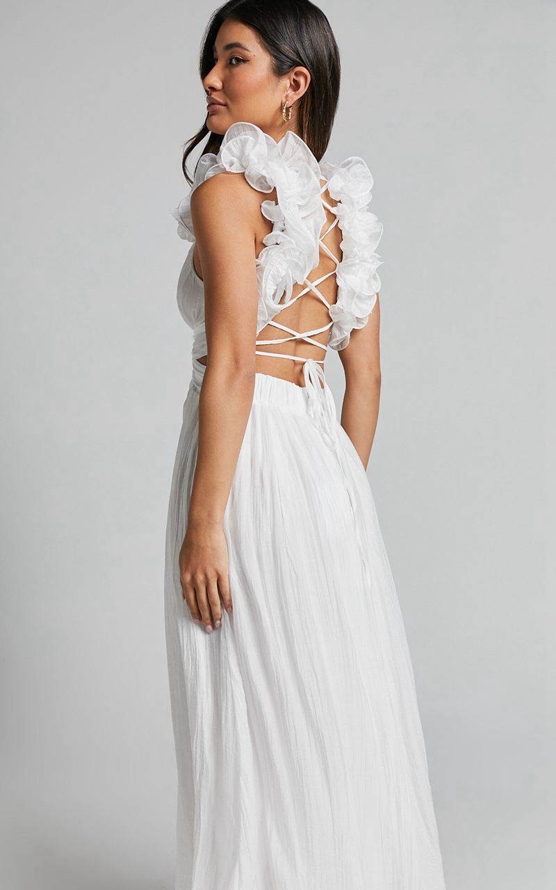 Showpo Marielly Maxi Dress - Side Cut Out V Neck Ruffle Detail Sleeve Dress White | MXGLFR504