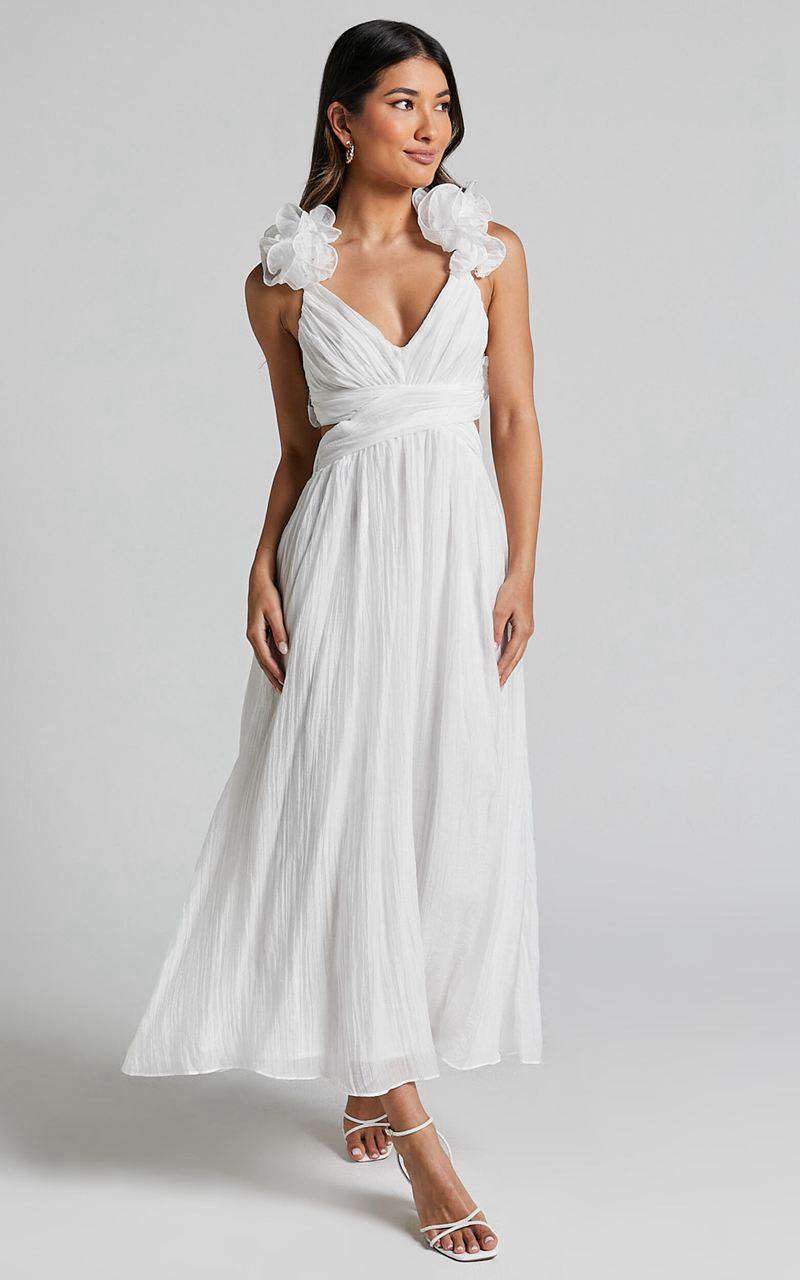 Showpo Marielly Maxi Dress - Side Cut Out V Neck Ruffle Detail Sleeve Dress White | MXGLFR504