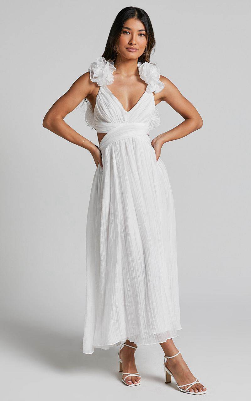 Showpo Marielly Maxi Dress - Side Cut Out V Neck Ruffle Detail Sleeve Dress White | MXGLFR504