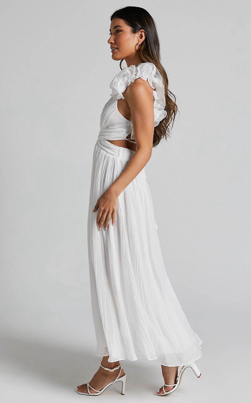 Showpo Marielly Maxi Dress - Side Cut Out V Neck Ruffle Detail Sleeve Dress White | MXGLFR504