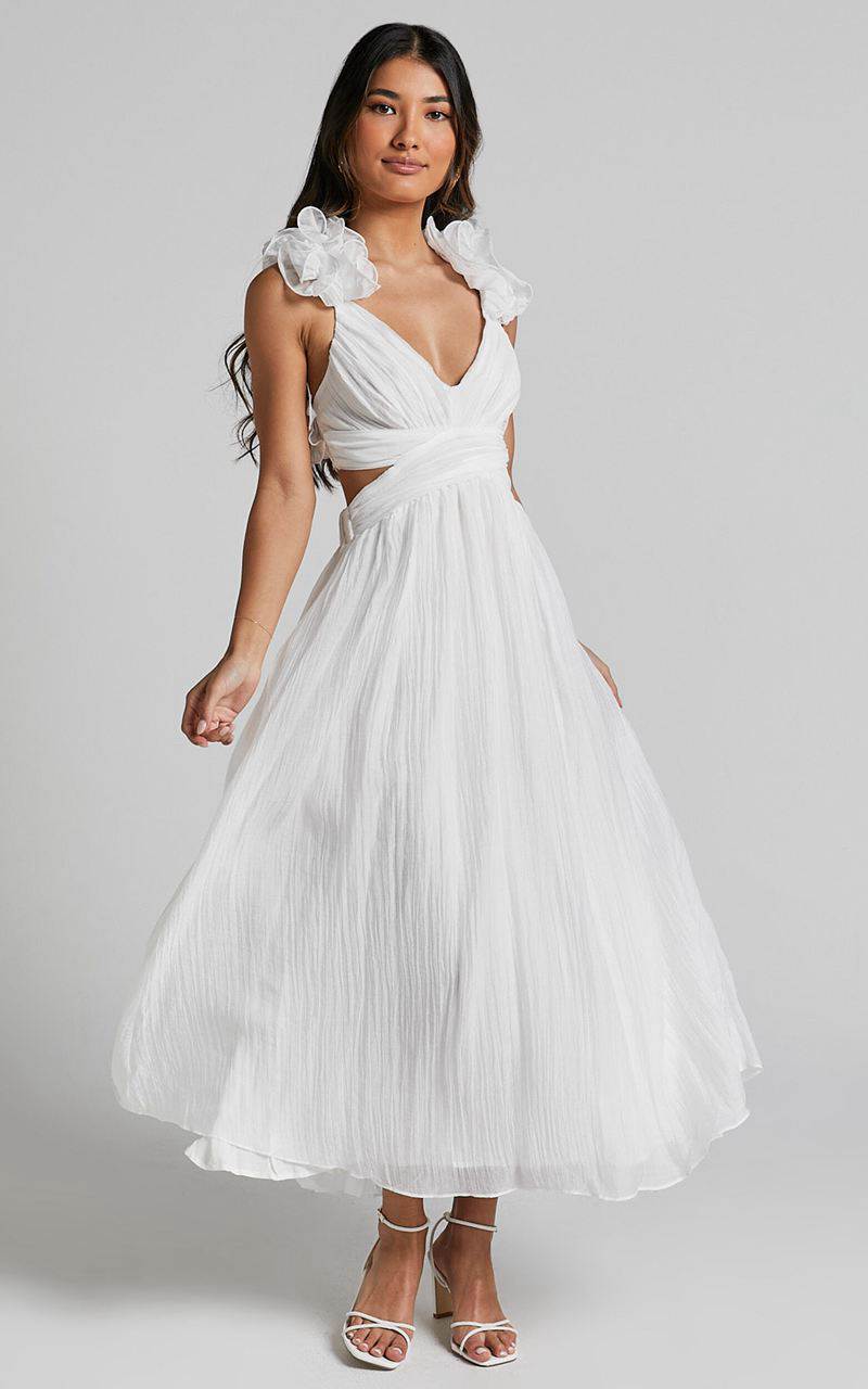 Showpo Marielly Maxi Dress - Side Cut Out V Neck Ruffle Detail Sleeve Dress White | MXGLFR504