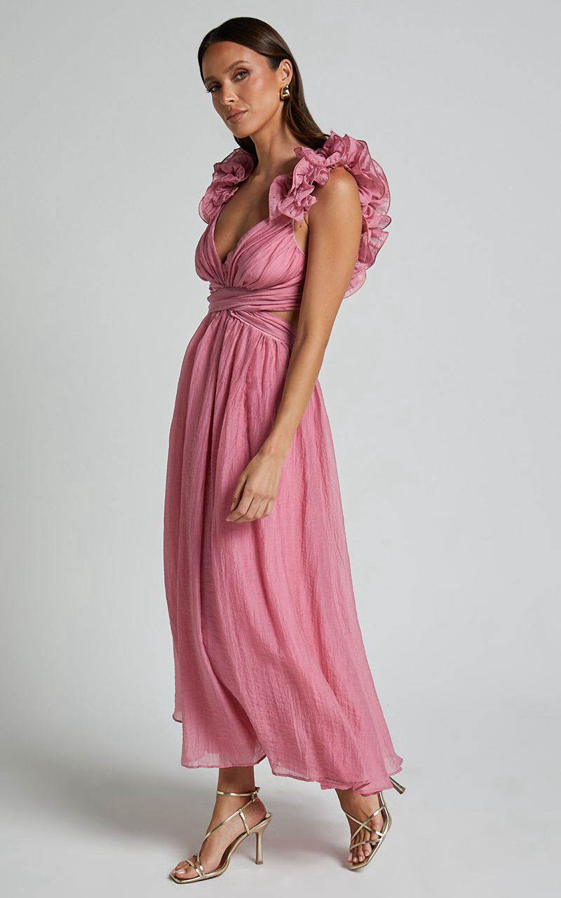 Showpo Marielly Maxi Dress - Side Cut Out V Neck Ruffle Detail Sleeve Dress Pink | APMCTU403