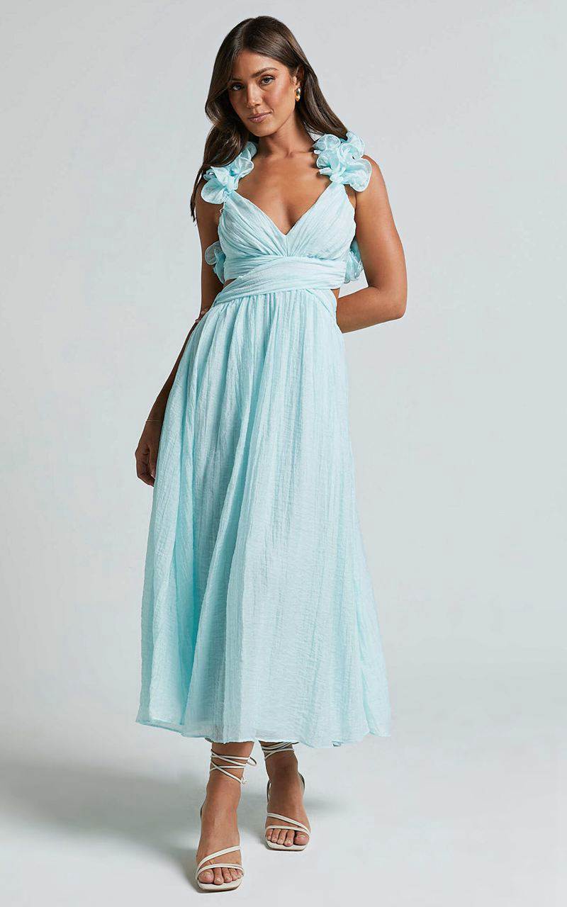 Showpo Marielly Maxi Dress - Side Cut Out V Neck Ruffle Detail Sleeve Dress Pale Blue | JEFUPA730