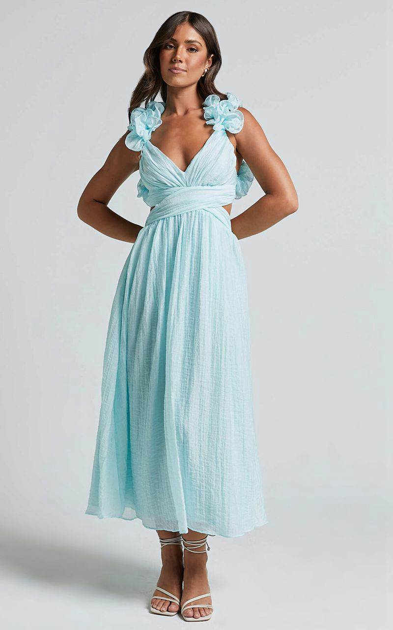 Showpo Marielly Maxi Dress - Side Cut Out V Neck Ruffle Detail Sleeve Dress Pale Blue | JEFUPA730