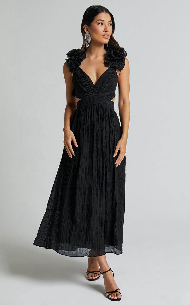 Showpo Marielly Maxi Dress - Side Cut Out V Neck Ruffle Detail Sleeve Dress Black | JBOVNP208