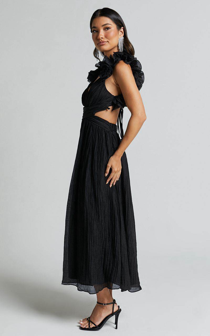 Showpo Marielly Maxi Dress - Side Cut Out V Neck Ruffle Detail Sleeve Dress Black | JBOVNP208