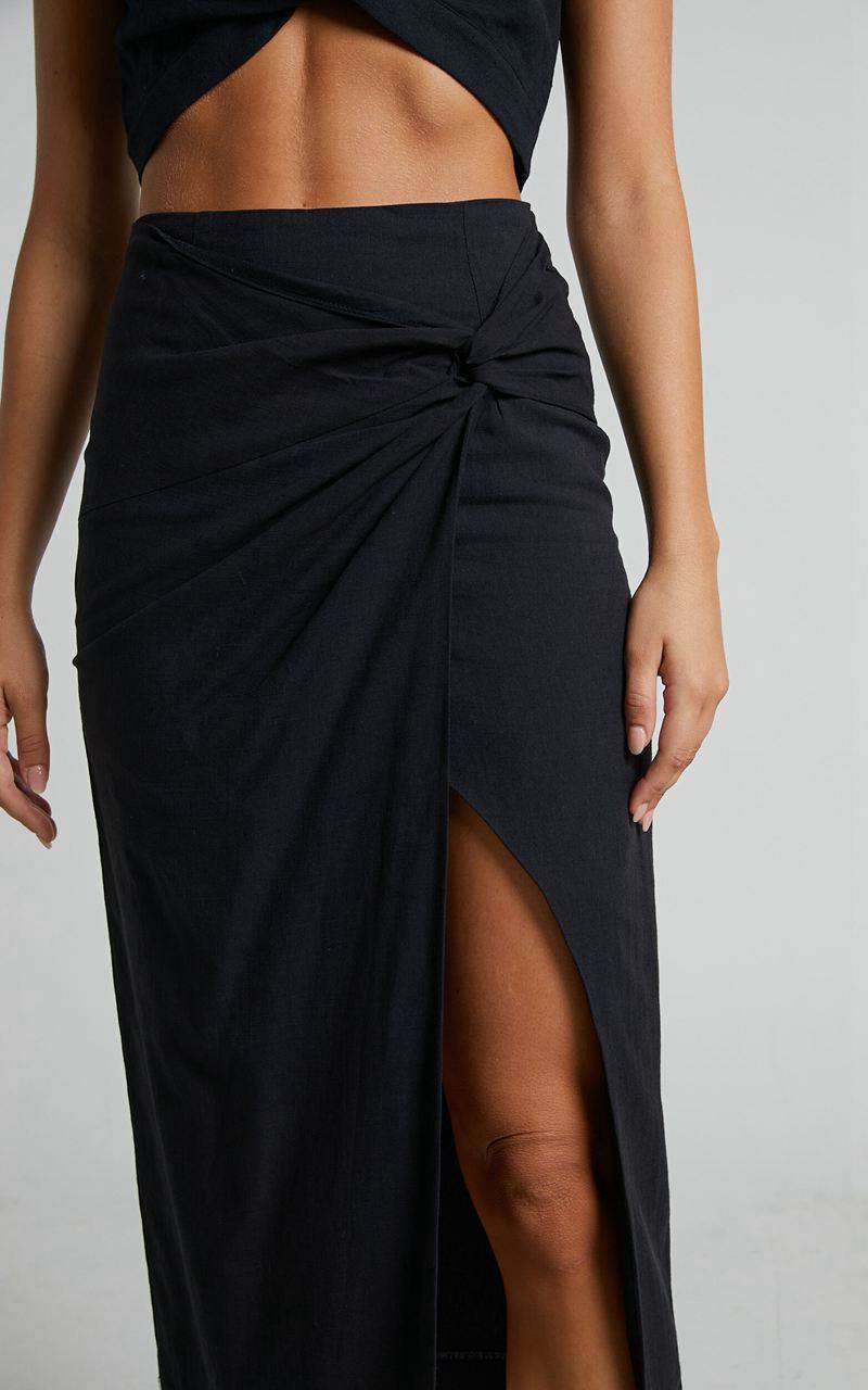 Showpo Marieta Midi Skirt - Linen Look Knot Front Skirt Black | FIZGQU804