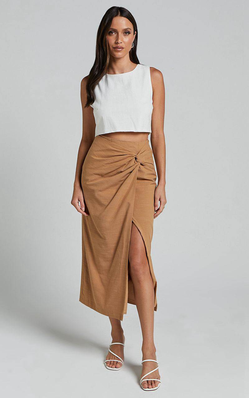 Showpo Marieta Midi Skirt - Linen Look Knot Front Skirt Biscuit | JWMGFN627