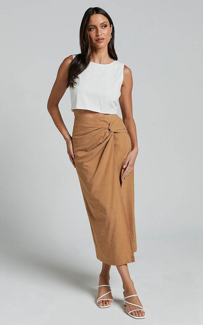 Showpo Marieta Midi Skirt - Linen Look Knot Front Skirt Biscuit | JWMGFN627