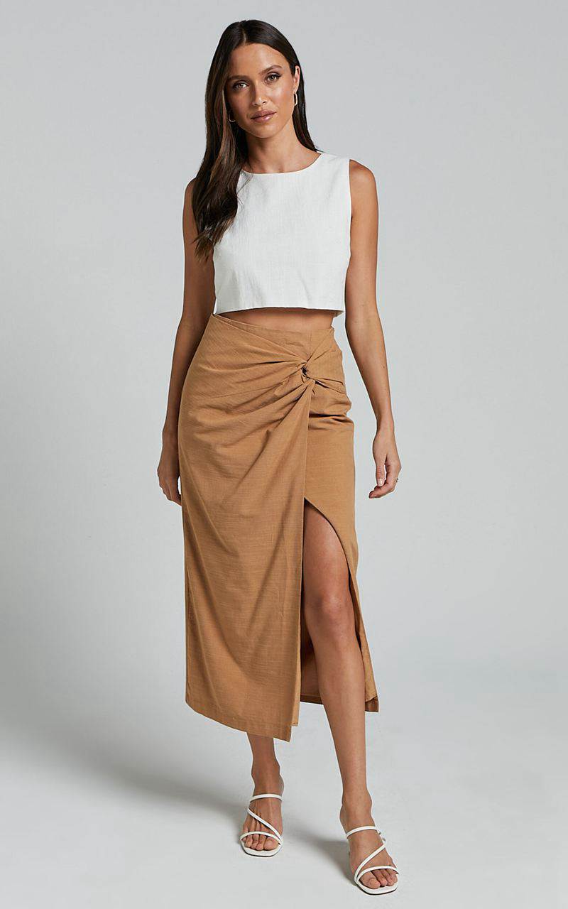 Showpo Marieta Midi Skirt - Linen Look Knot Front Skirt Biscuit | JWMGFN627