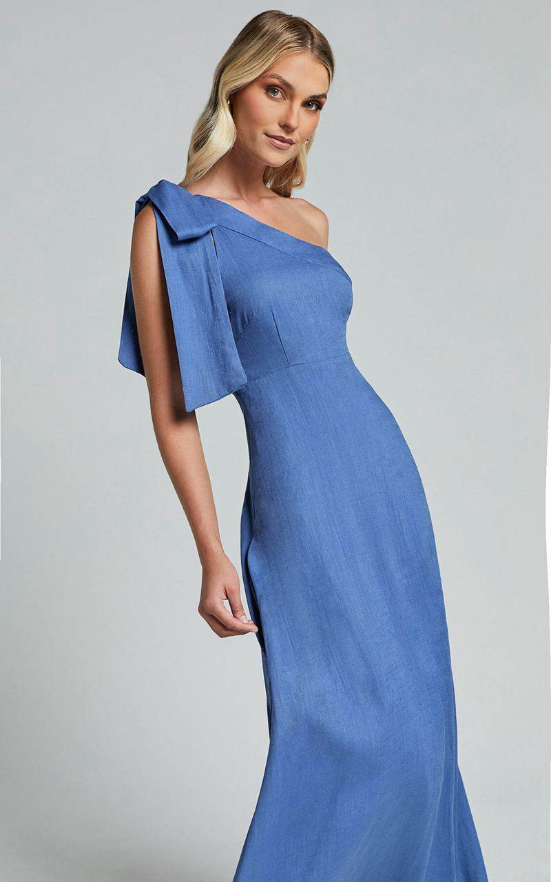 Showpo Marifee Midi Dress - Tie One Shoulder Linen Dress Blue | VPMUCS980