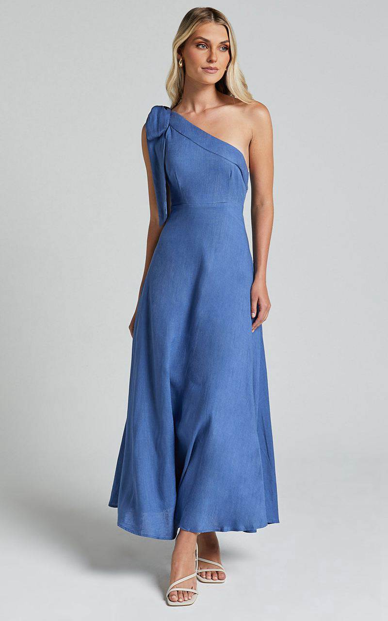 Showpo Marifee Midi Dress - Tie One Shoulder Linen Dress Blue | VPMUCS980