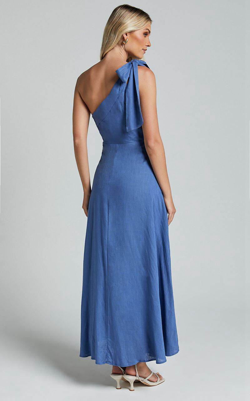 Showpo Marifee Midi Dress - Tie One Shoulder Linen Dress Blue | VPMUCS980