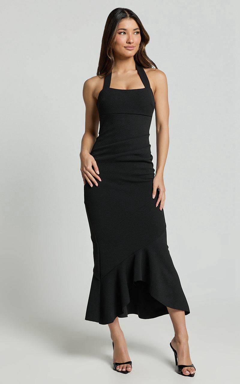 Showpo Maris Maxi Dress - Full Length Halter Tie Neck Dress Black | MCOSPF457