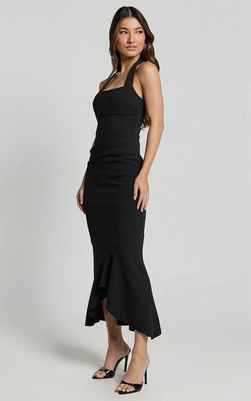 Showpo Maris Maxi Dress - Full Length Halter Tie Neck Dress Black | MCOSPF457