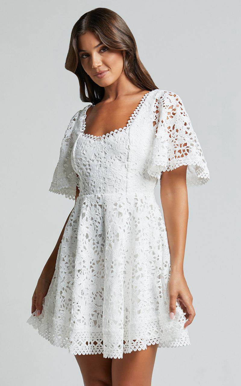 Showpo Marisole Mini Dress - A Line Flutter Sleeve Lace Dress White | ETICNO964