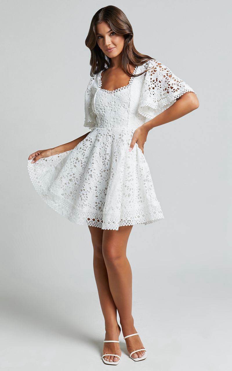 Showpo Marisole Mini Dress - A Line Flutter Sleeve Lace Dress White | ETICNO964