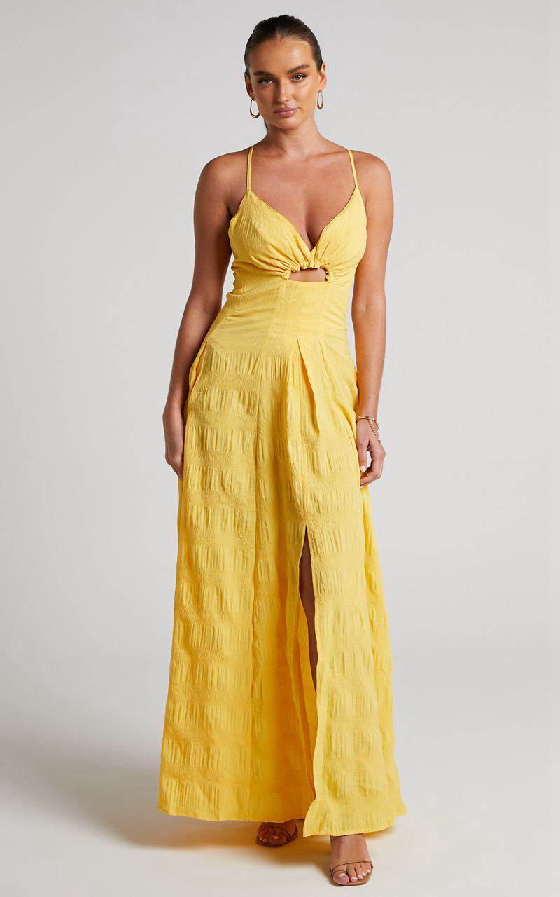 Showpo Marisse Maxi Dress - Cut Out Front Split Cross Back Textured Dress Yellow | GNRDOH578