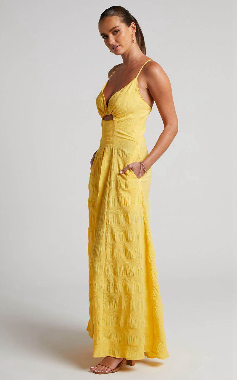 Showpo Marisse Maxi Dress - Cut Out Front Split Cross Back Textured Dress Yellow | GNRDOH578