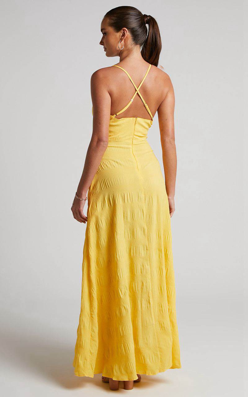 Showpo Marisse Maxi Dress - Cut Out Front Split Cross Back Textured Dress Yellow | GNRDOH578