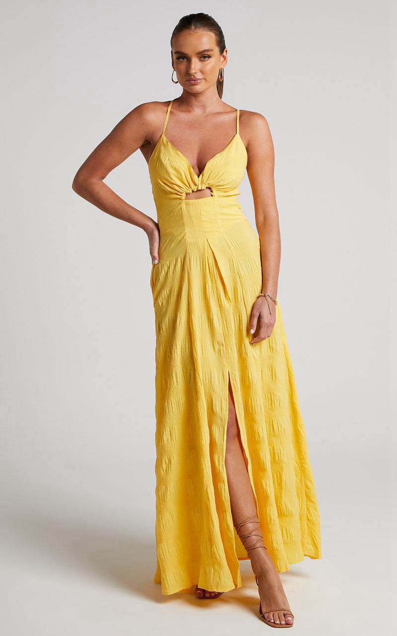 Showpo Marisse Maxi Dress - Cut Out Front Split Cross Back Textured Dress Yellow | GNRDOH578