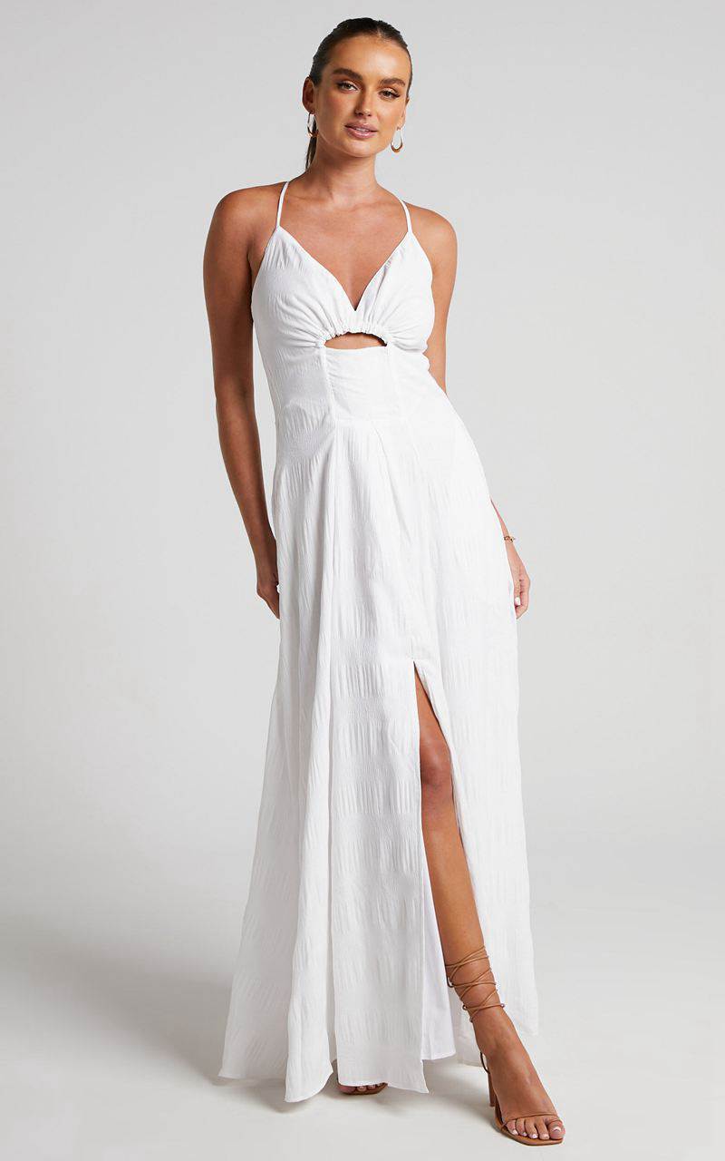 Showpo Marisse Maxi Dress - Cut Out Front Split Cross Back Textured Dress White | JPLRKX963