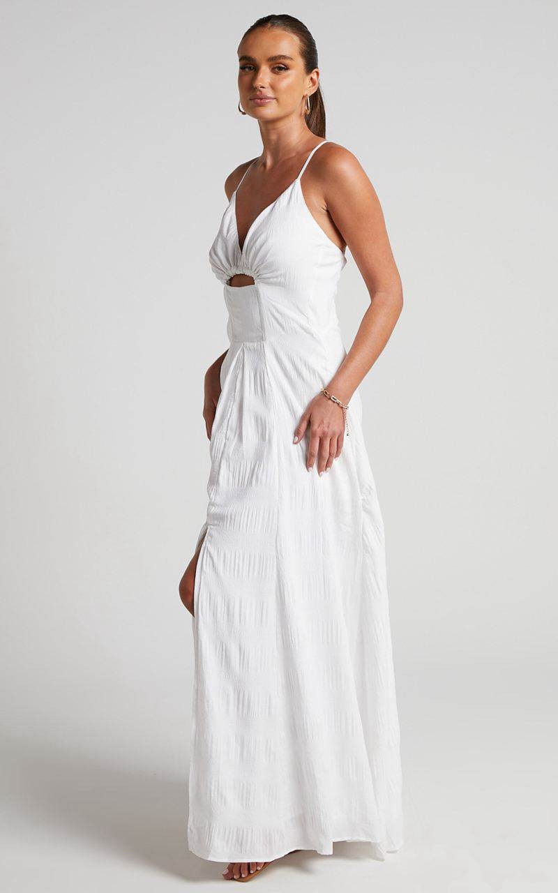 Showpo Marisse Maxi Dress - Cut Out Front Split Cross Back Textured Dress White | JPLRKX963